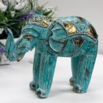 Wood Carved Elephant - Turquois Gold - immagine 2
