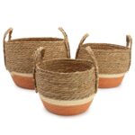 Straw & Seagrass Large Baskets - Natural & Orange- Set of 3