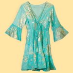 Nomad Sari On the Med Turquoise & Gold Coral Print Dress (M/L)