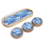 Mango Wood Tray with 3 Bowls - Blue Stripes - immagine 2
