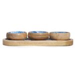 Mango Wood Tray with 3 Bowls - Blue Stripes - immagine 4
