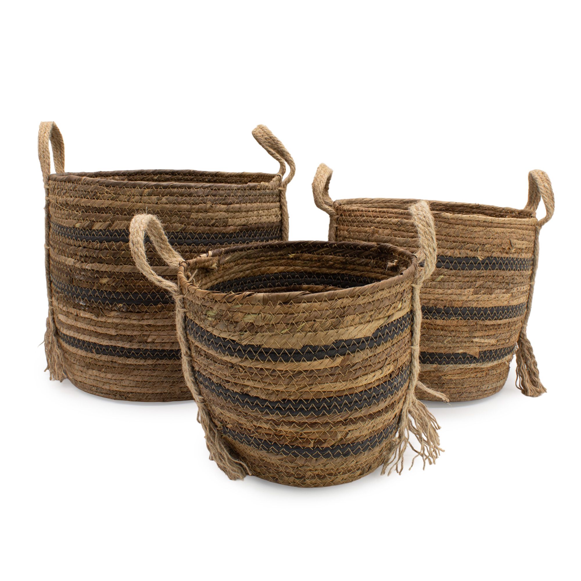 bG9jYWw6Ly9tZWRpYS8xUi8yRC82MFIzMEMxSjY4UksyRDFSLzJkZjI1Nzg3LmpwZw.jpg Bananna Leaf & Seagrass Large Baskets - Natural Browns- Set of 3 - immagine 1