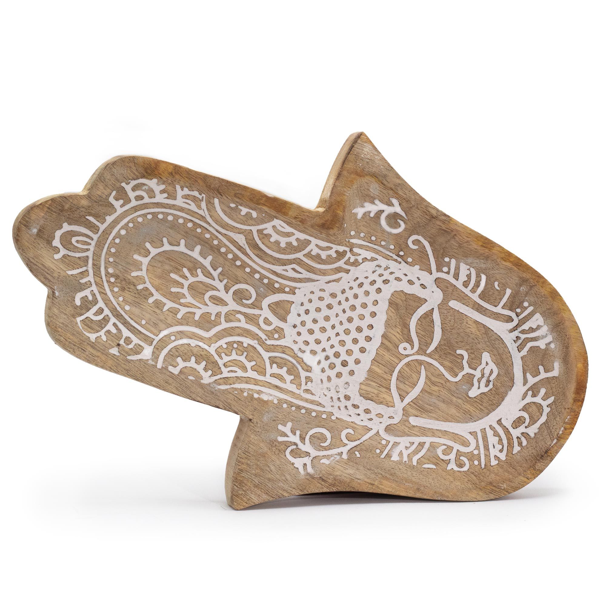 bG9jYWw6Ly9tZWRpYS9TSC82Qy82MFIzMEMxSDc0UjM2Q1NILzc5OTdjNDU2LmpwZWc.jpg Long Tray 30x20.5x2.5cm - Hamsa Shape with Buddha Whitewash - immagine 1