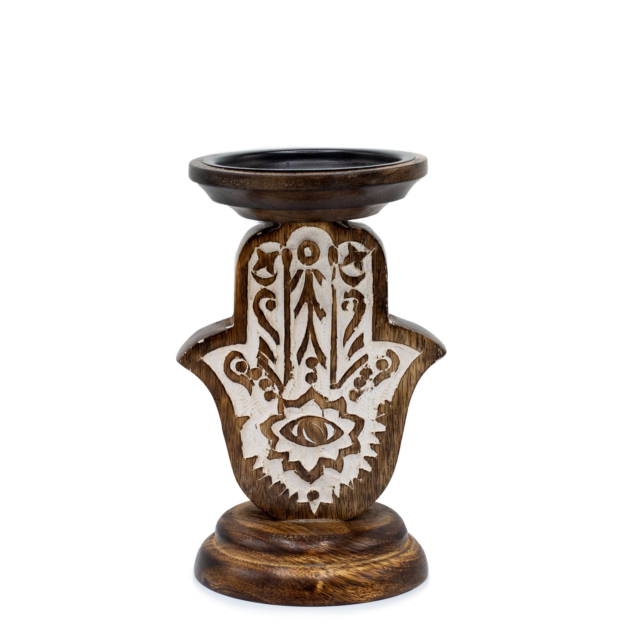 bG9jYWw6Ly9tZWRpYS9TSy8wRC82MFIzMEMxRzZXVDMwRFNLLzQ3ZjcwNmVmLmpwZWc-2.jpg Mango Wood Candle Stand - Hamsa - Small 18x11cm - immagine 1