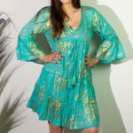 Nomad Sari On the Med Turquoise & Gold Coral Print Dress (M/L) - immagine 4