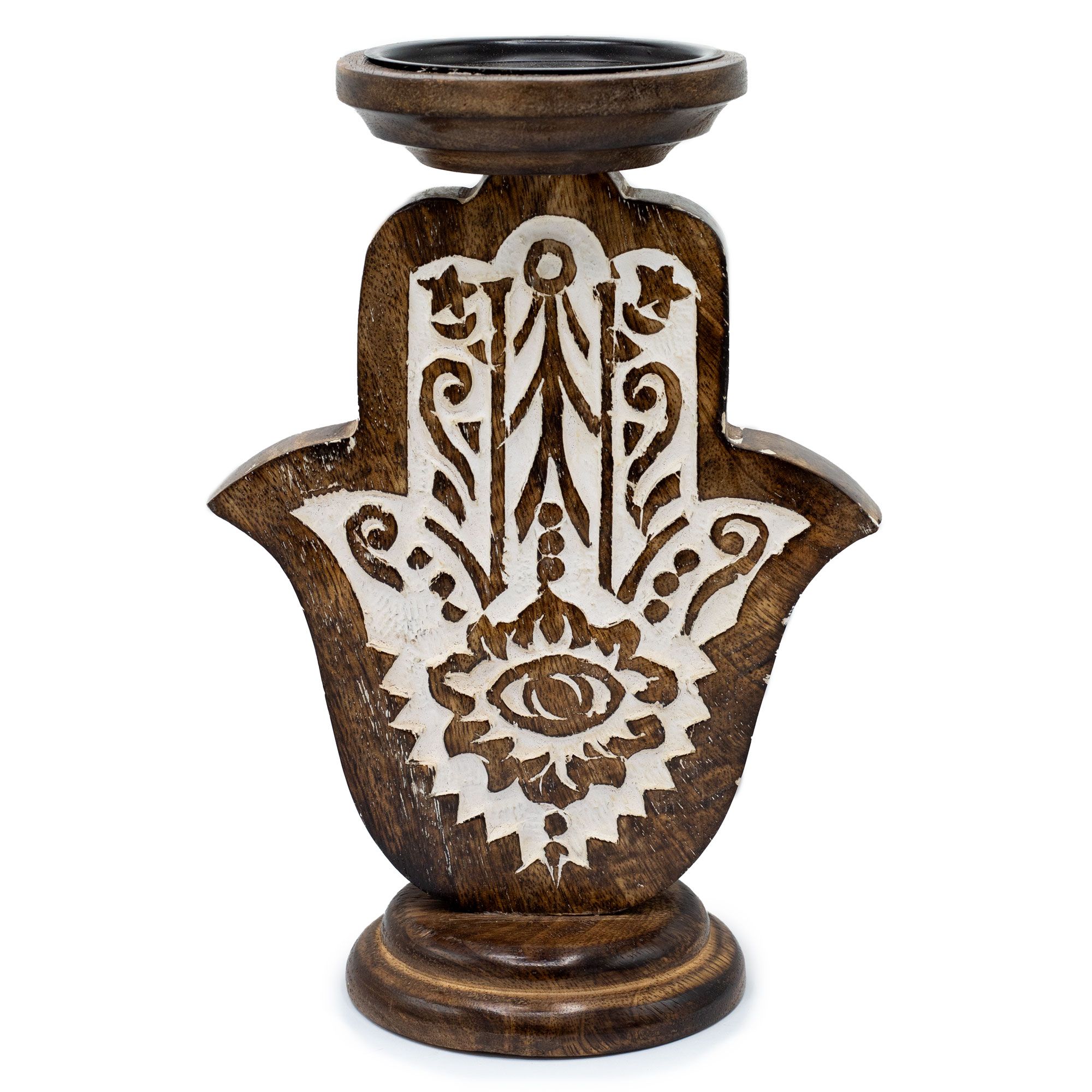 bG9jYWw6Ly9tZWRpYS9TUy8wRC82MFIzMEMxRzZXVDMwRFNTL2FlNzI1ZDlhLmpwZWc-1.jpg Mango Wood Candle Stand - Hamsa - Large 25x18cm - immagine 1