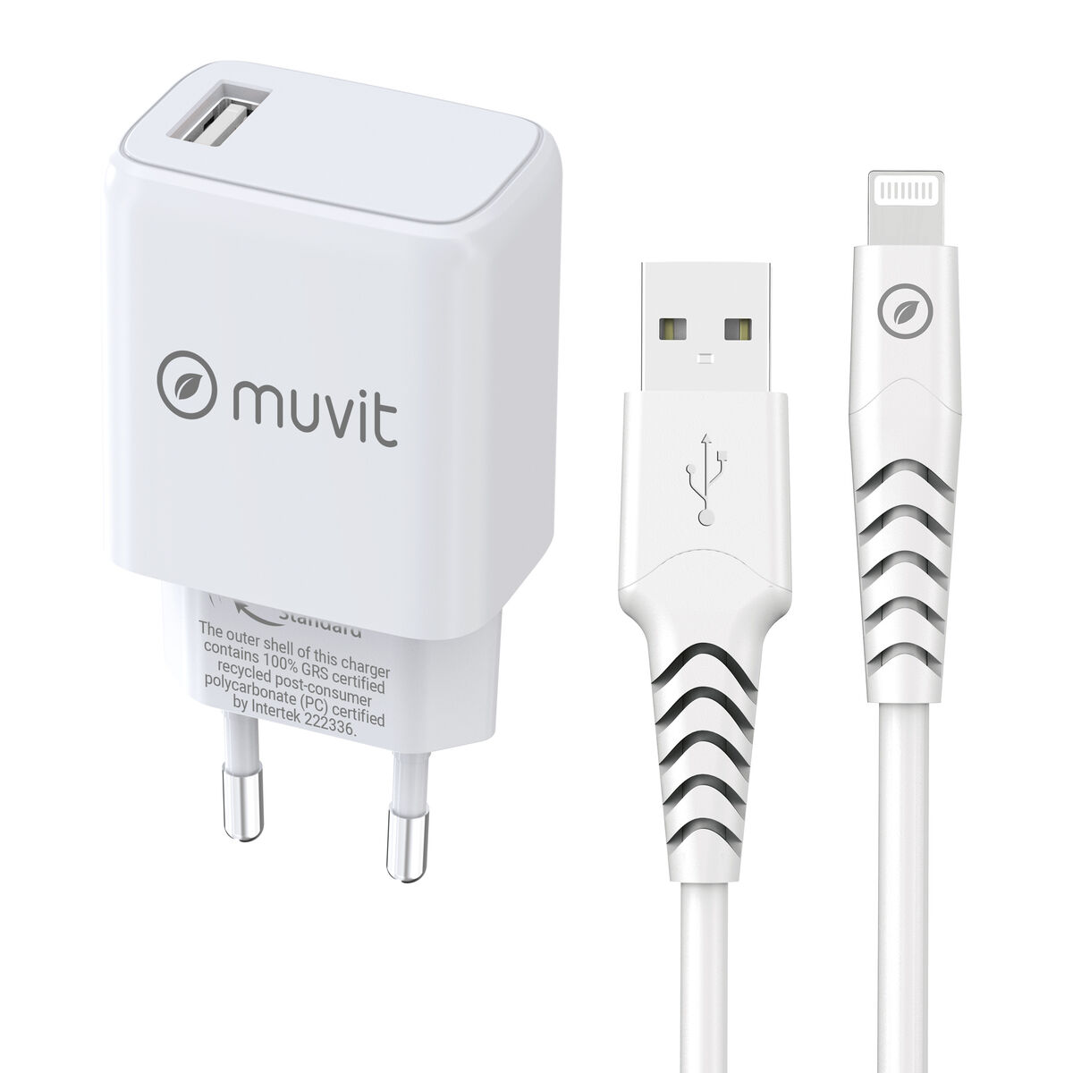 3663111144918_M1300179_P00 Caricabatterie da Parete + Cavo USB A con USB-C Muvit for Change SN-TC170DS1E150A + DC-006 Bianco 12 W - immagine 1