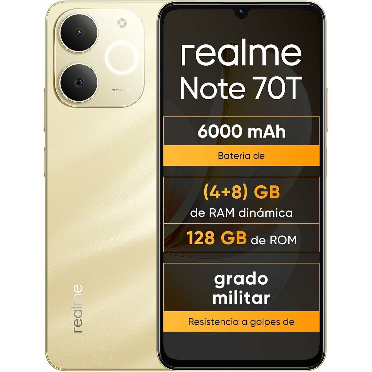 6941764469655_S0466286_P00 Smartphone Realme NOTE 70T 4 GB RAM 128 GB 6,74" Unisoc Dorato - immagine 1