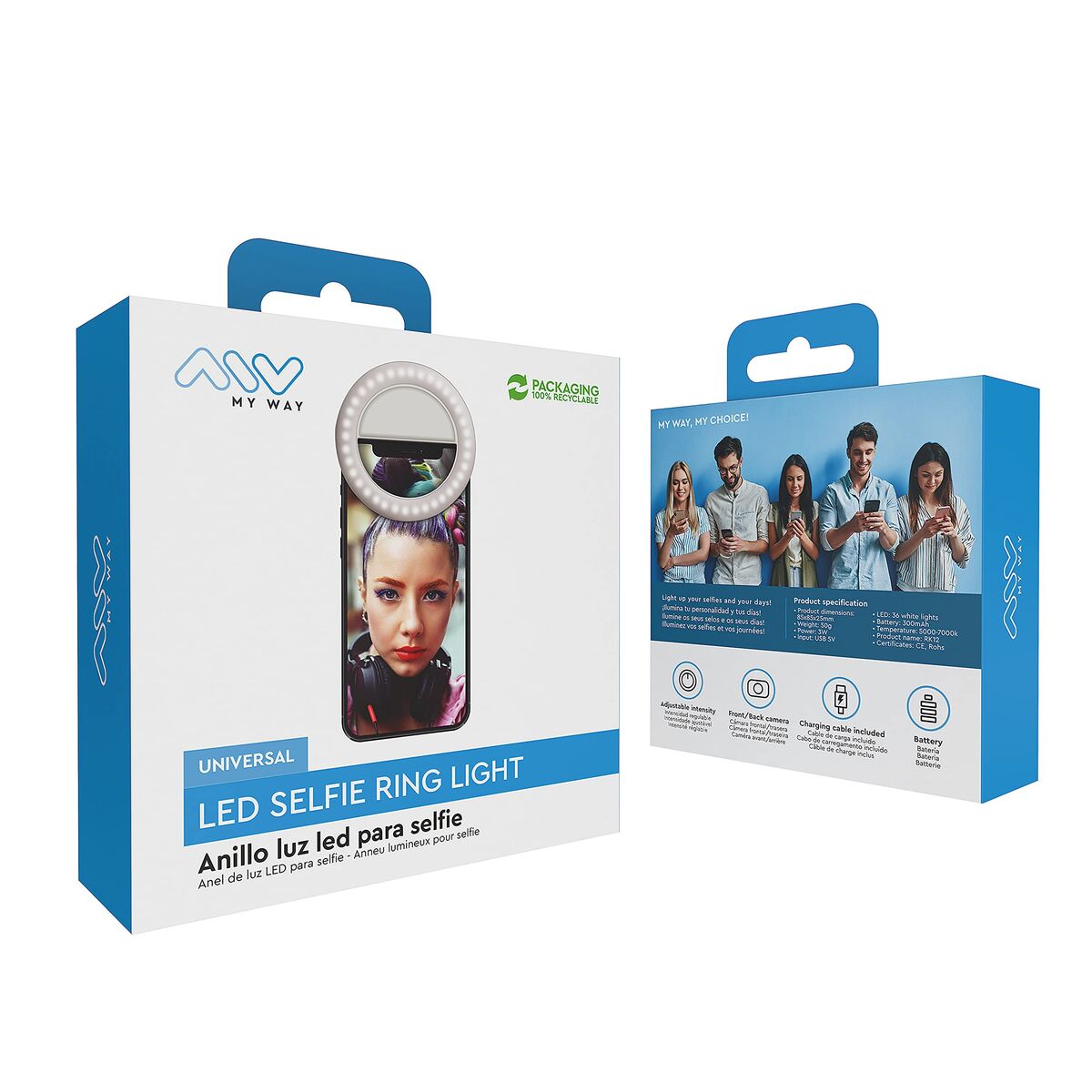 8426801164710_R00 Ring Light Ricaricabile per Selfie Muvit MWCHL0007 Bianco - immagine 1