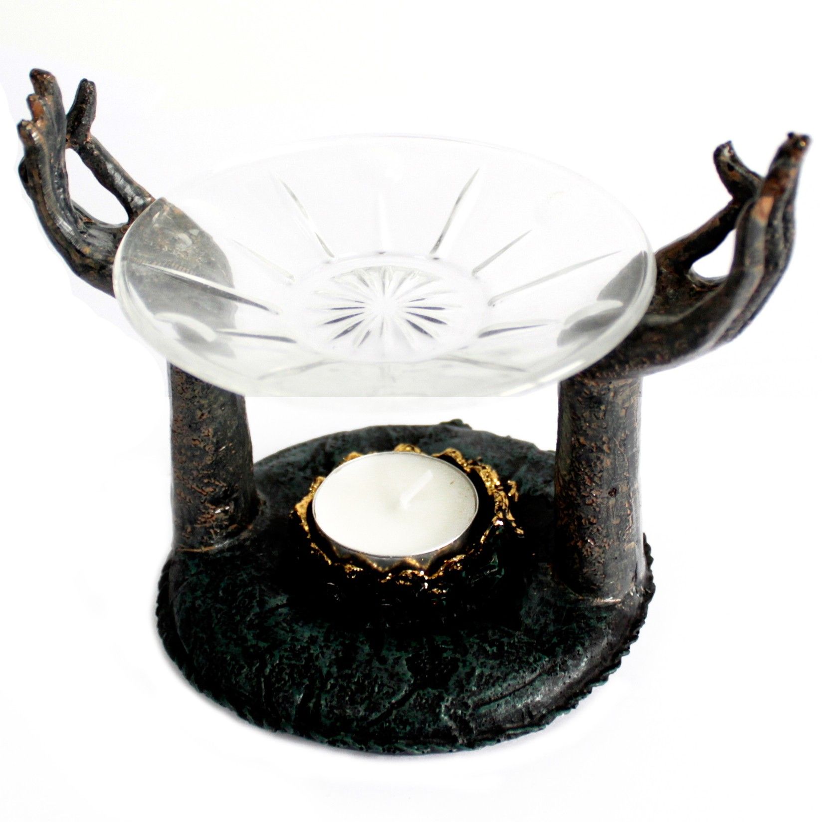 bG9jYWw6Ly9tZWRpYS9IUS8wQy82MFIzMEMxRzZNUzMwQ0hRLzIyOTczNjI4LmpwZWc.jpg Antique Buddha - Om Hands Oil Burner - immagine 1