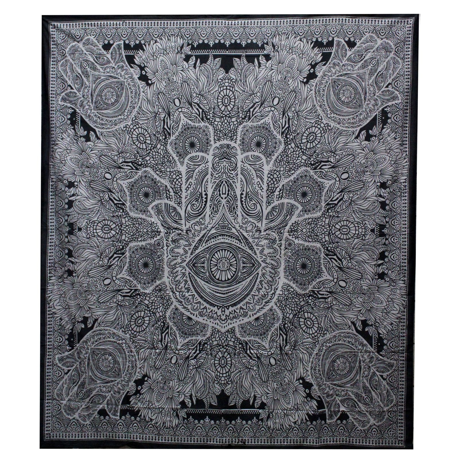 bG9jYWw6Ly9tZWRpYS9TTi9KQy82MFIzMEMxRzZNV0tKQ1NOLzI0NDFkNzVhLmpwZWc.jpg B&W Double Cotton Bedspread + Wall Hanging - Hamsa - immagine 1